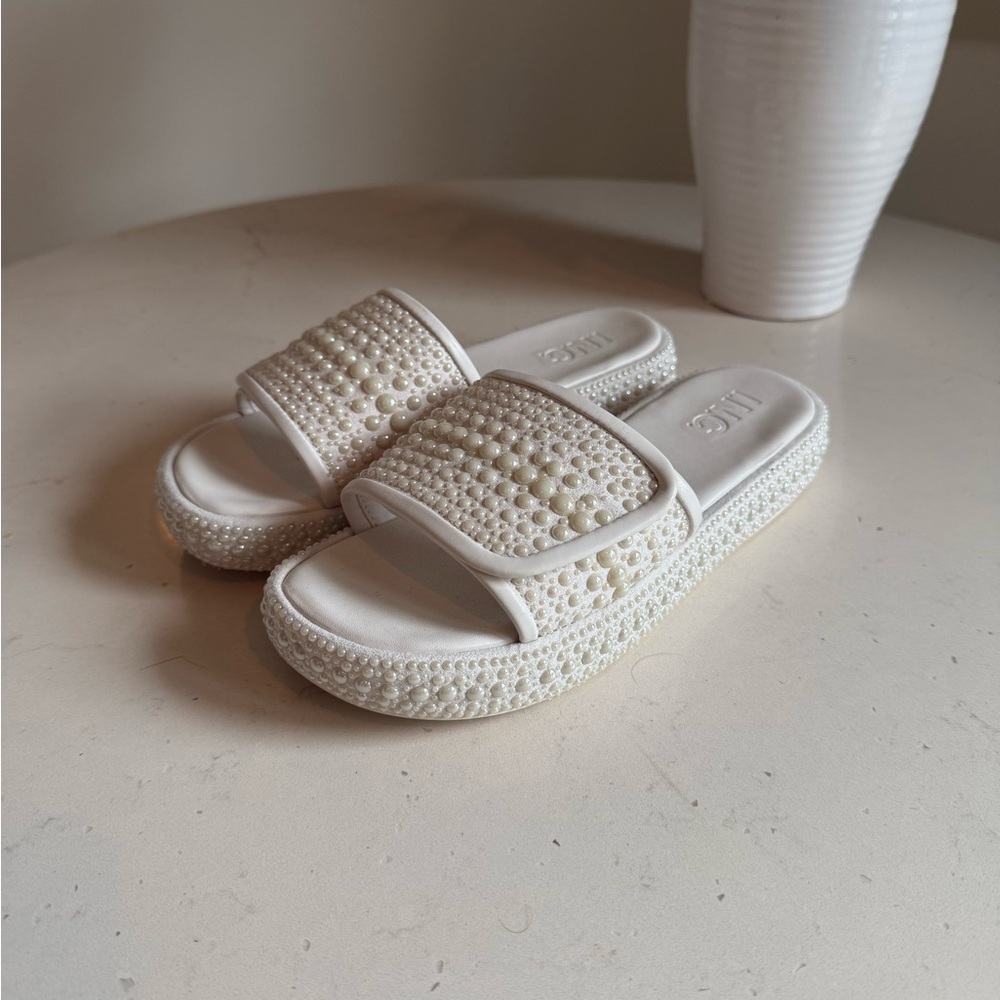 INC International Concepts White Pearl Embellished Sandals